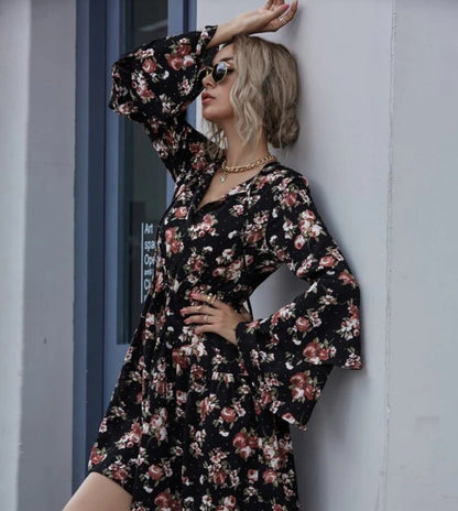 Damen Midikleid Weite Ärmel Floralmuster Norvielle