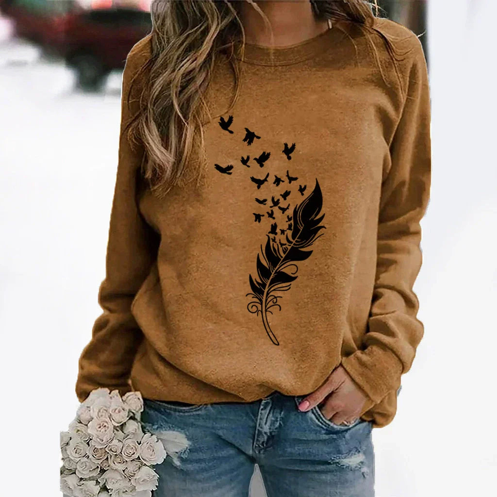 Damen Sweatshirt Baumwollmischung Locker Rundhals Grau