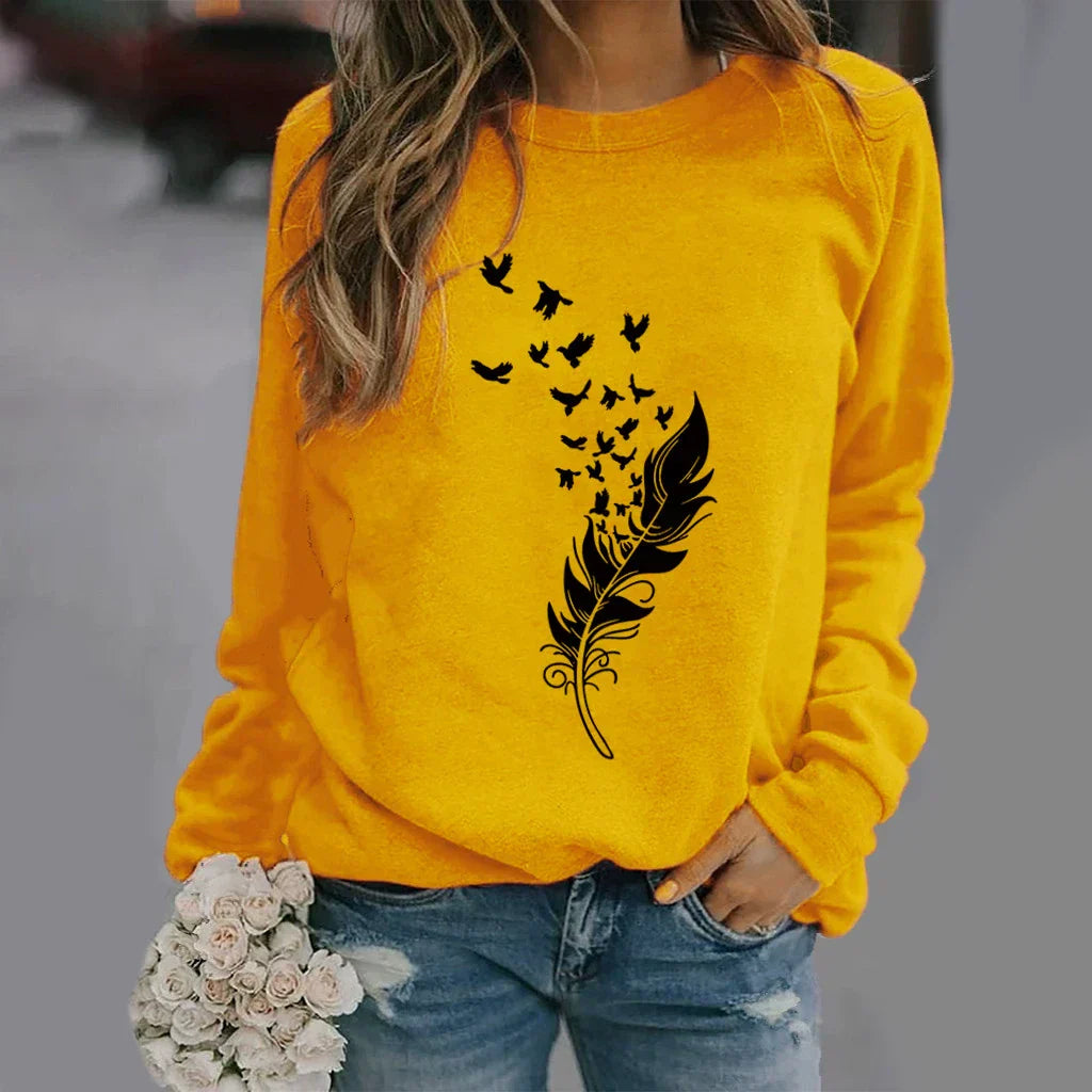 Damen Sweatshirt Baumwollmischung Locker Rundhals Grau