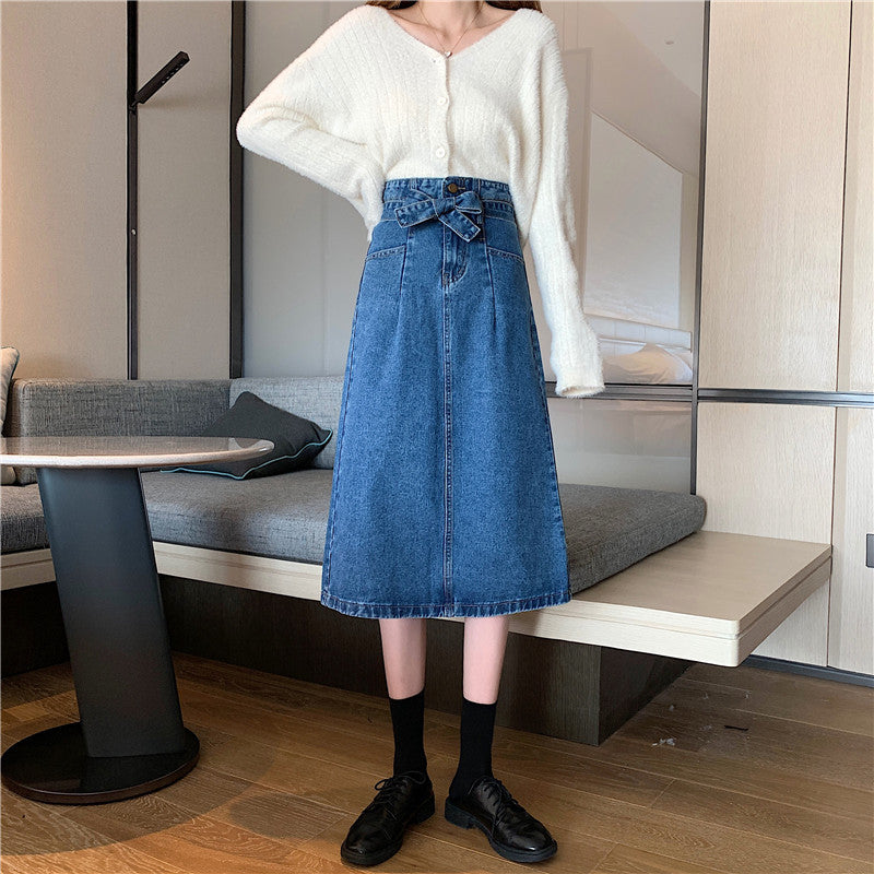 Damen Denim Midi-Rock Abnehmbarer Gürtel