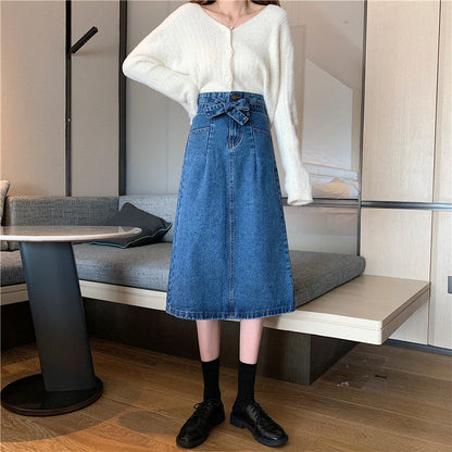 Damen Denim Midi-Rock Abnehmbarer Gürtel