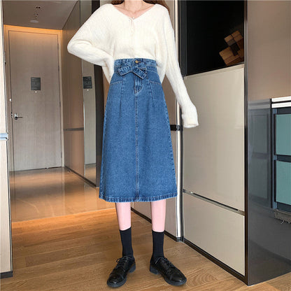 Damen Denim Midi-Rock Abnehmbarer Gürtel