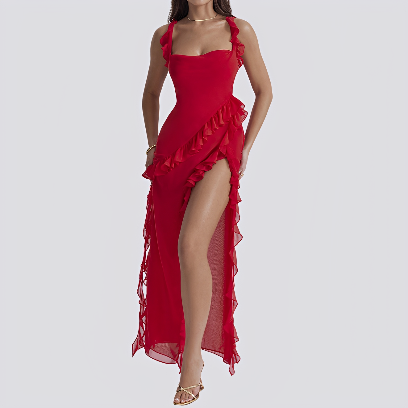 Damen Sommerkleid Hohes Schlitzdesign Rüschen