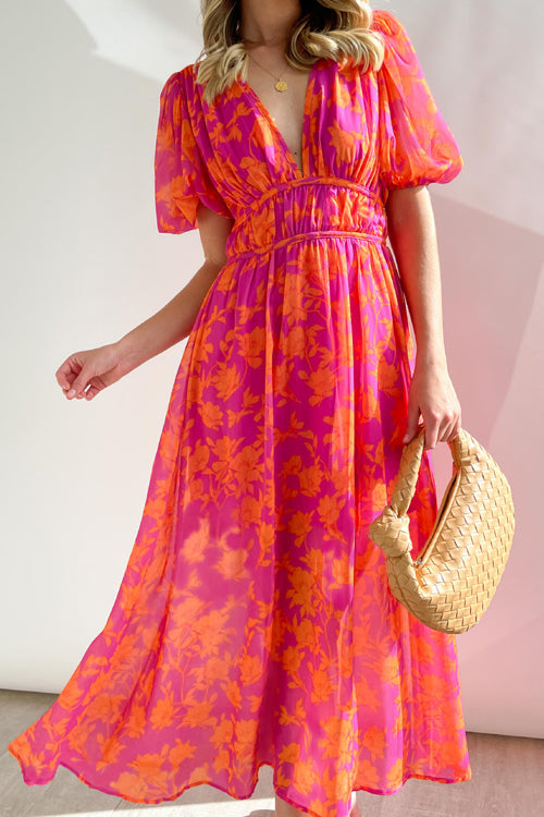 Norvielle Damen Maxi-Kleid Puffärmel Print