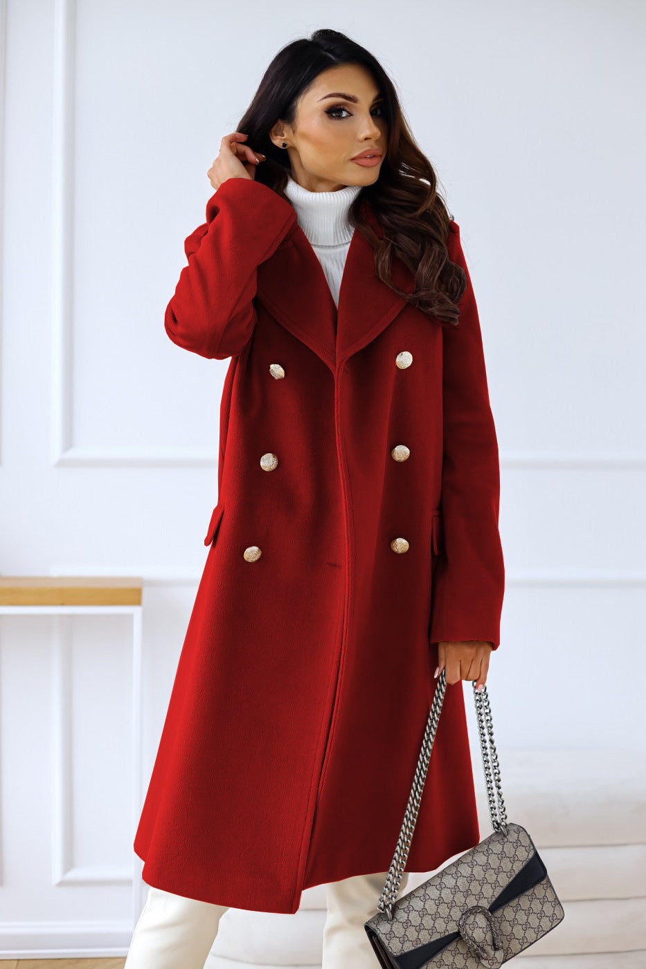 Damen Trenchcoat Lang mit Knöpfen und Reverskragen Klassisch