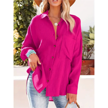 Damen Unifarben Bluse Knopfleiste Hemdkragen Langarm Elegante Bluse