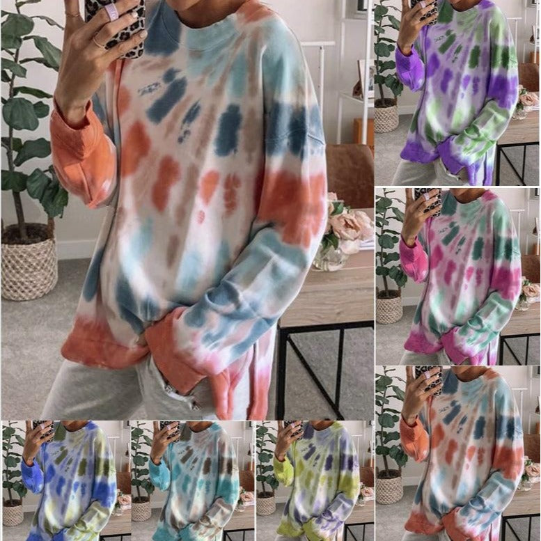 Damen Oversized Sweatshirt Batik Rundhalsausschnitt Bequem