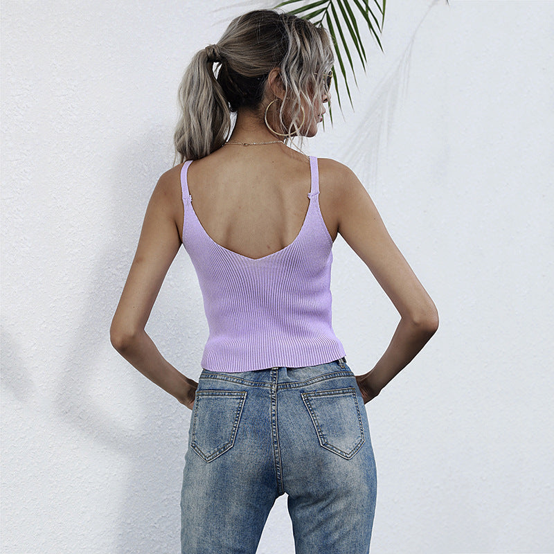 Damen Rippstricktop Ärmellos Knopfleiste Beige