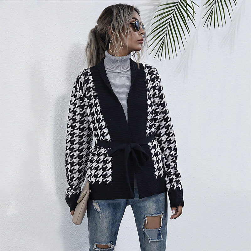 Damen Strickjacke Karomuster Mit Taillengurt Norvielle - Norvielle