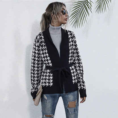 Damen Strickjacke Karomuster Mit Taillengurt Norvielle - Norvielle