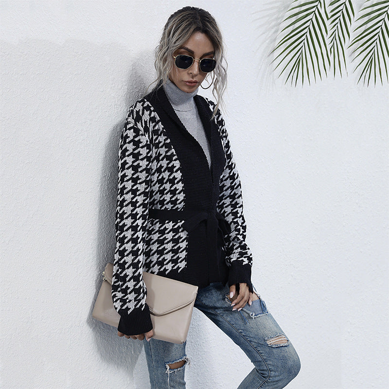 Damen Strickjacke Karomuster Mit Taillengurt Norvielle