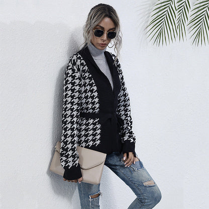 Damen Strickjacke Karomuster Mit Taillengurt Norvielle