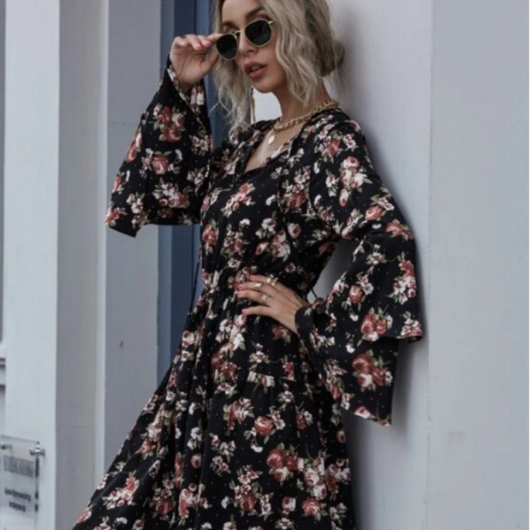 Damen Midikleid Weite Ärmel Floralmuster Norvielle