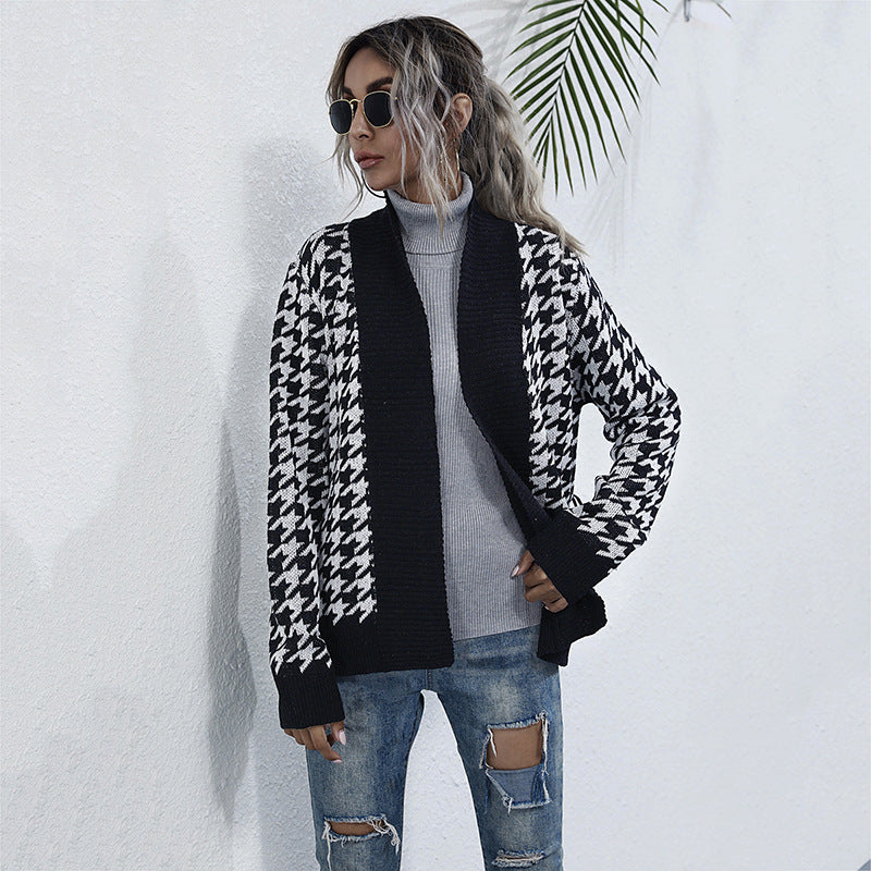 Damen Strickjacke Karomuster Mit Taillengurt Norvielle