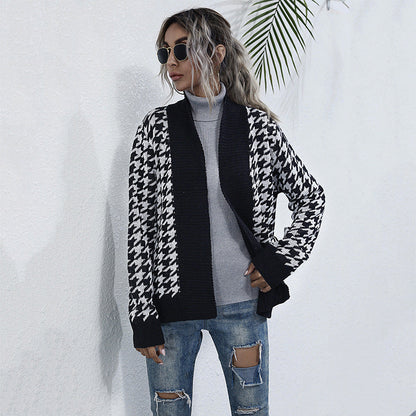 Damen Strickjacke Karomuster Mit Taillengurt Norvielle