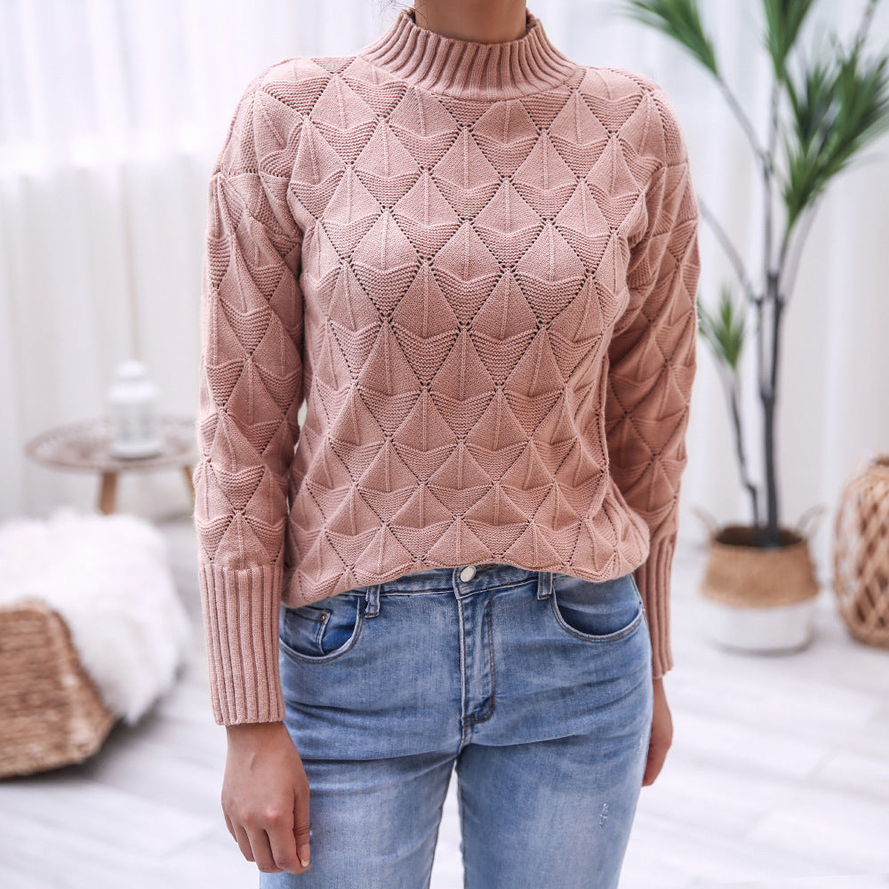 Damen Strickpullover Modernes Muster Hocher Kragen
