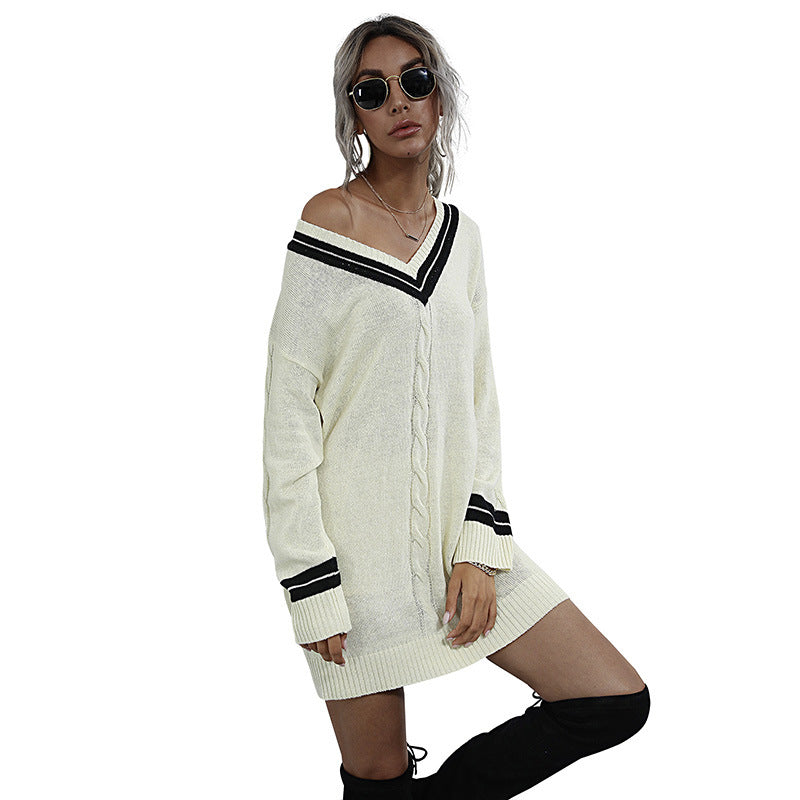 Damen Strickkleid V-Ausschnitt Taillengürtel Norvielle
