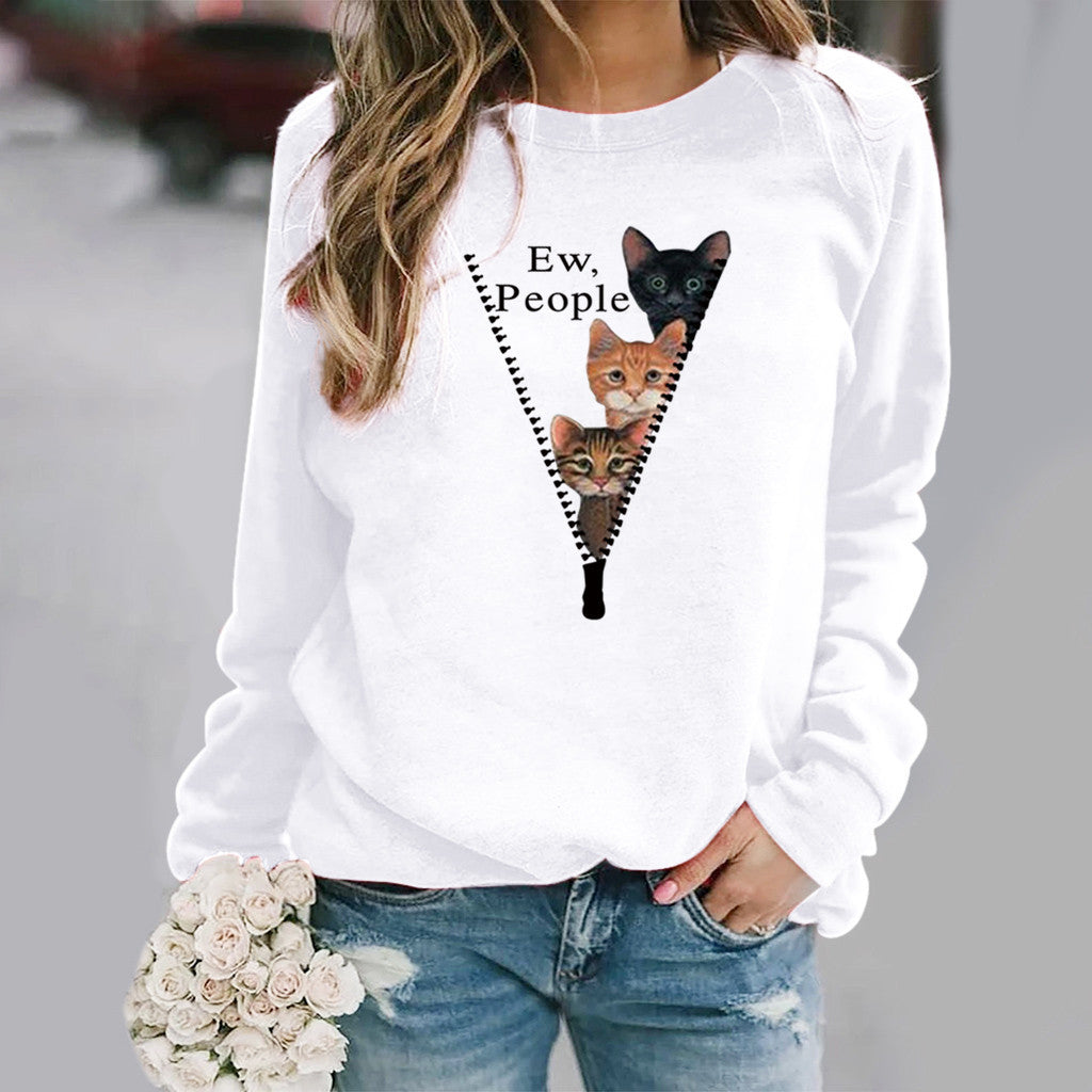 Damen Sweatshirt Rundhals Weicher Baumwollmix Katzen Motiv Beige - Norvielle