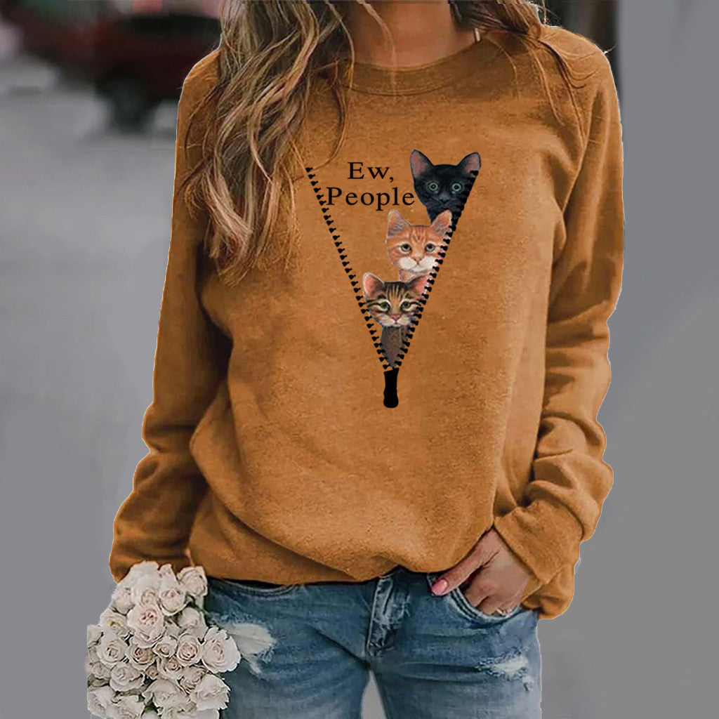 Damen Sweatshirt Rundhals Weicher Baumwollmix Katzen Motiv Beige