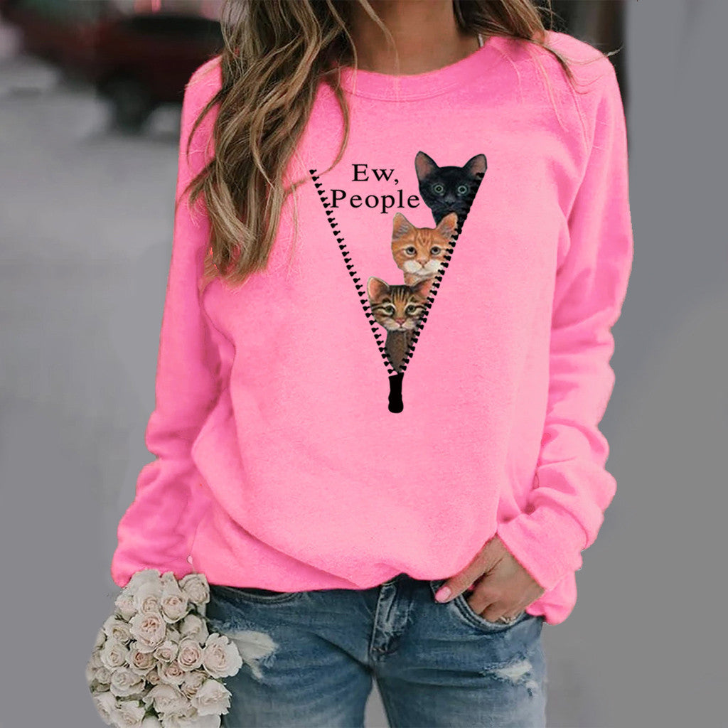 Damen Sweatshirt Rundhals Weicher Baumwollmix Katzen Motiv Beige