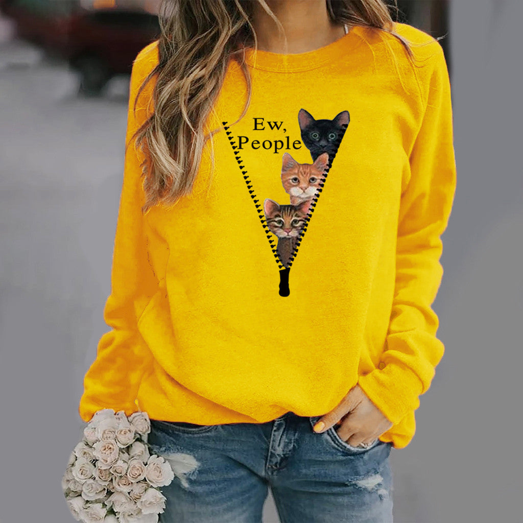 Damen Sweatshirt Rundhals Weicher Baumwollmix Katzen Motiv Beige