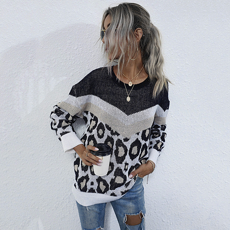 Damen Strickpullover Leopardenmuster Grafisches Design
