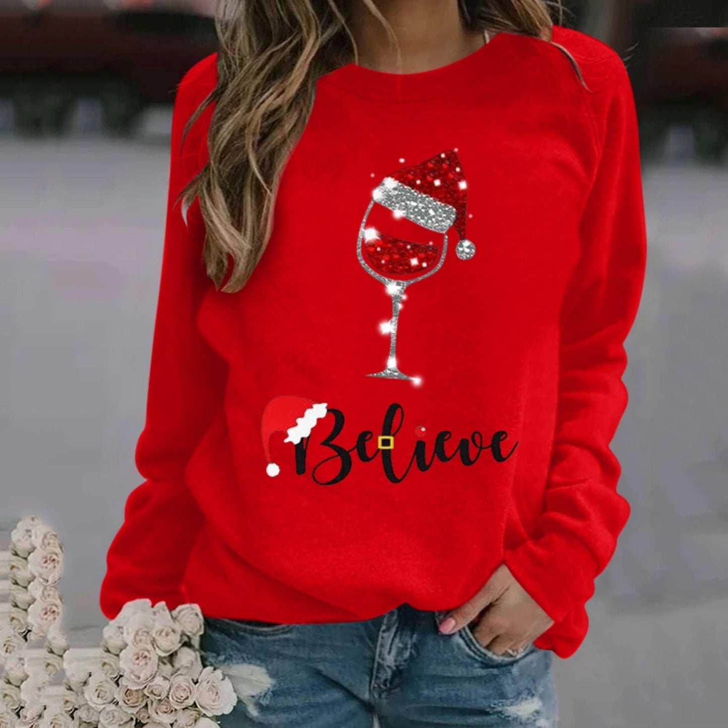 Damen Sweatshirt Baumwollmischung Rundhalsausschnitt Festlich Grau
