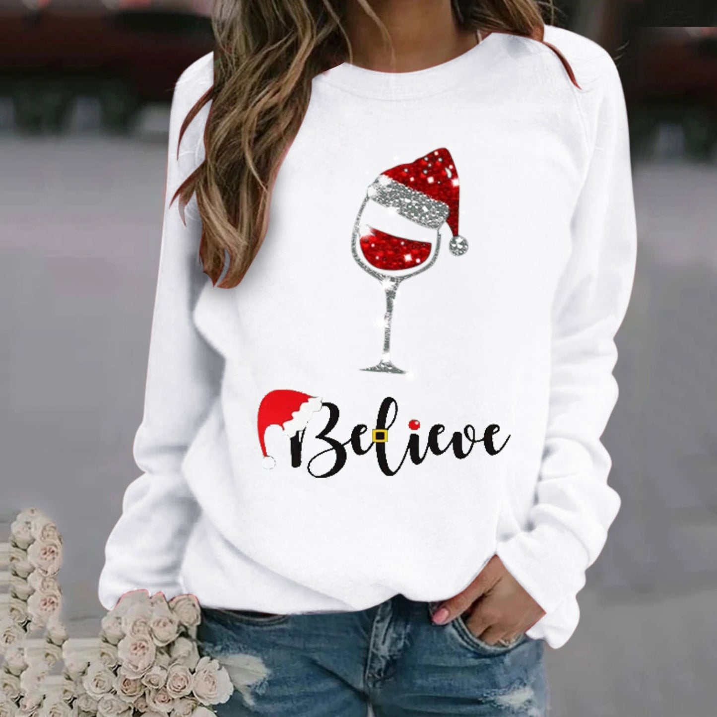 Damen Sweatshirt Baumwollmischung Rundhalsausschnitt Festlich Grau - Norvielle