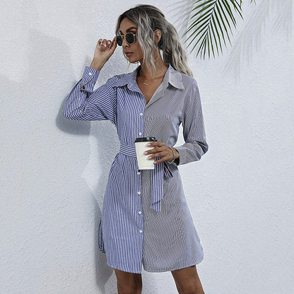 Damen Hemdblusenkleid Gürtel Streifenmuster