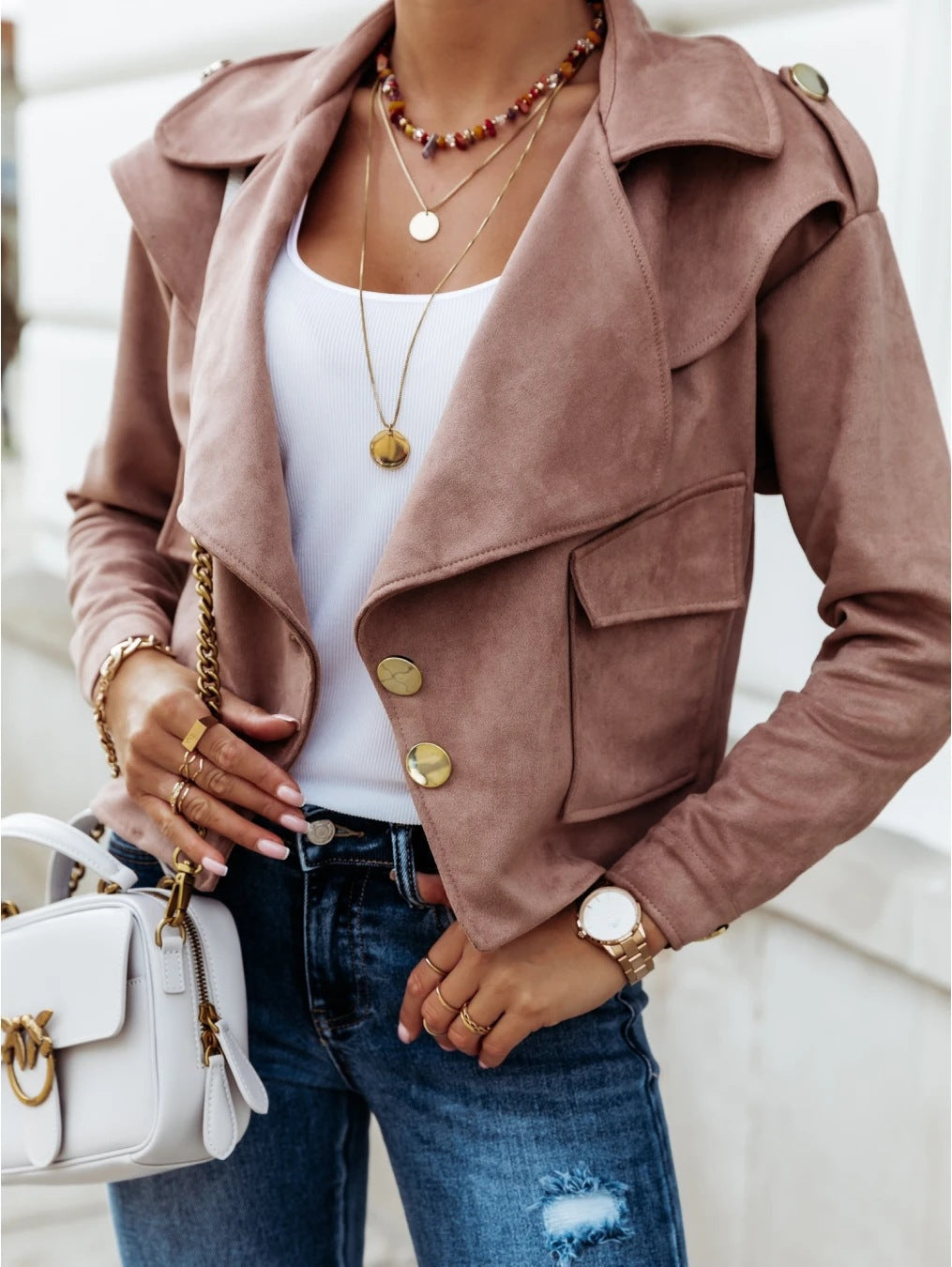 Damen Bikerjacke Wildlederimitat Weich Metallknöpfe
