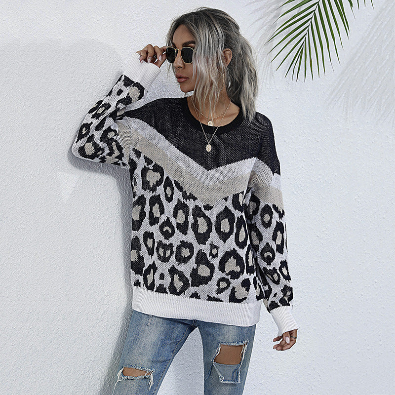 Damen Strickpullover Leopardenmuster Grafisches Design