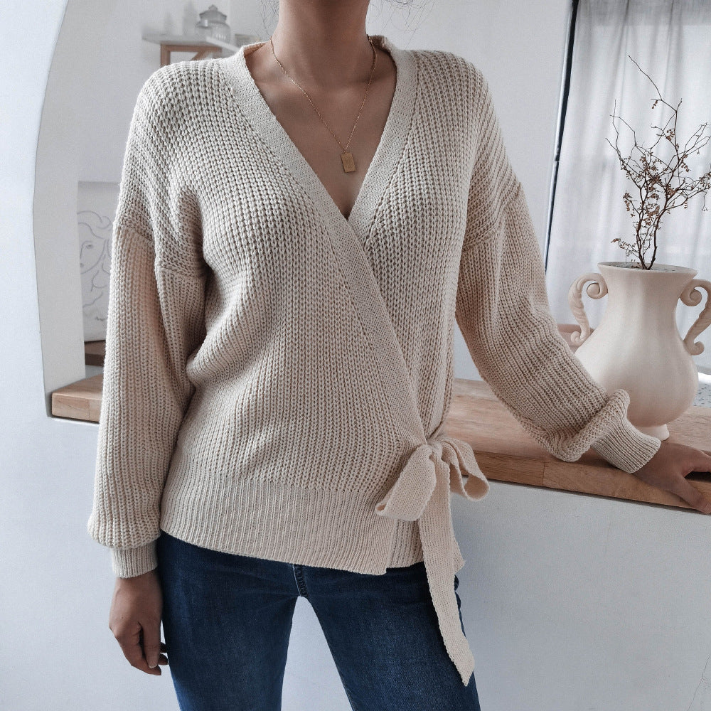 Damen Wickelpullover Strukturiertes Strickdesign Bindeband Norvielle