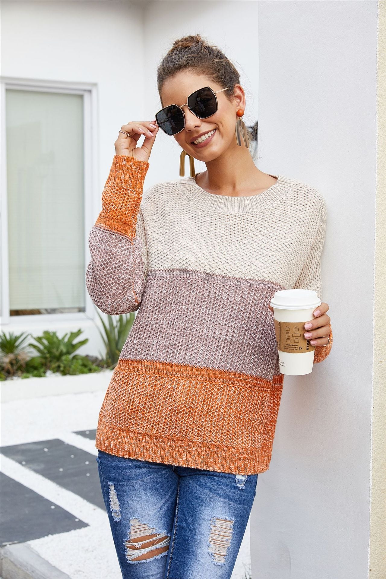 Damen Grobstrickpullover Blockdesign Lässig Norvielle
