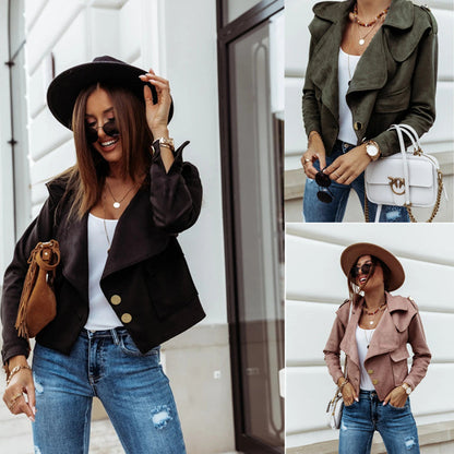 Damen Bikerjacke Wildlederimitat Weich Metallknöpfe