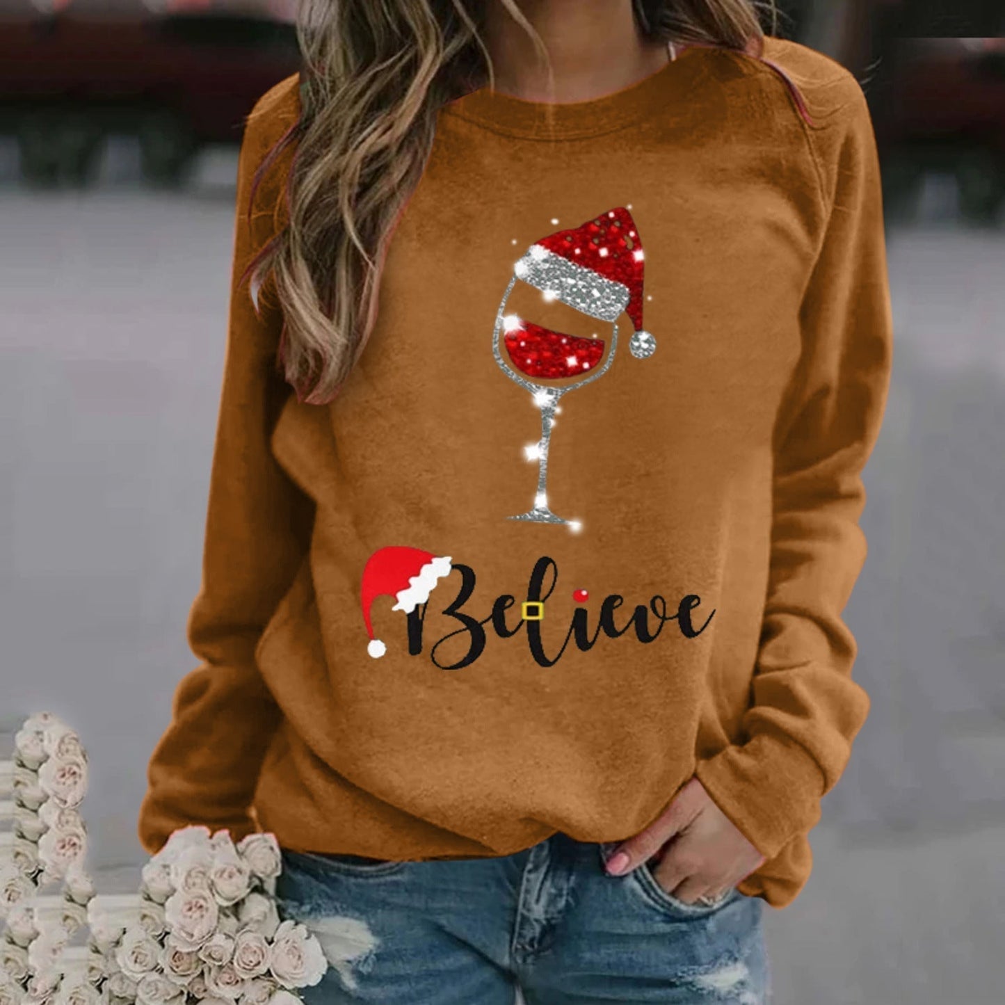 Damen Sweatshirt Baumwollmischung Rundhalsausschnitt Festlich Grau