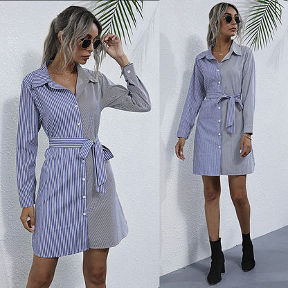 Damen Hemdblusenkleid Gürtel Streifenmuster