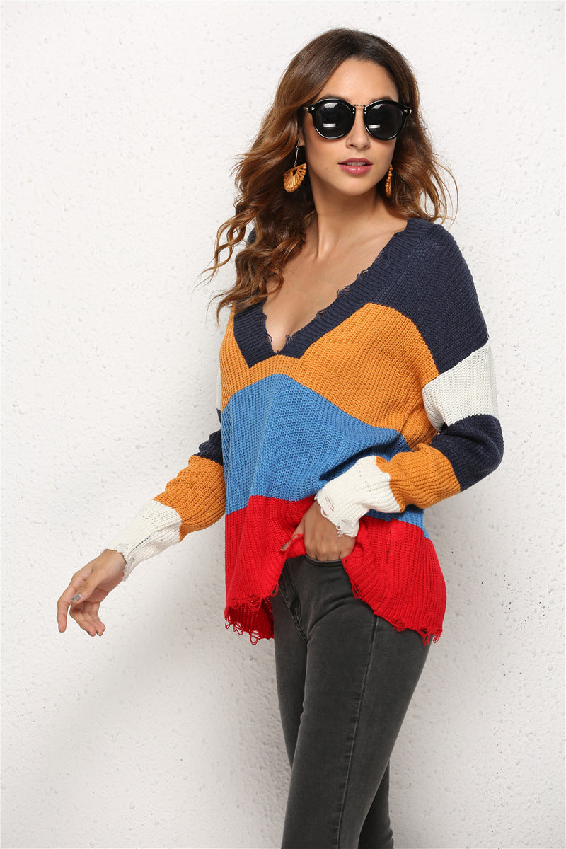Damen Strickpullover V-Ausschnitt Streifenmuster Norvielle