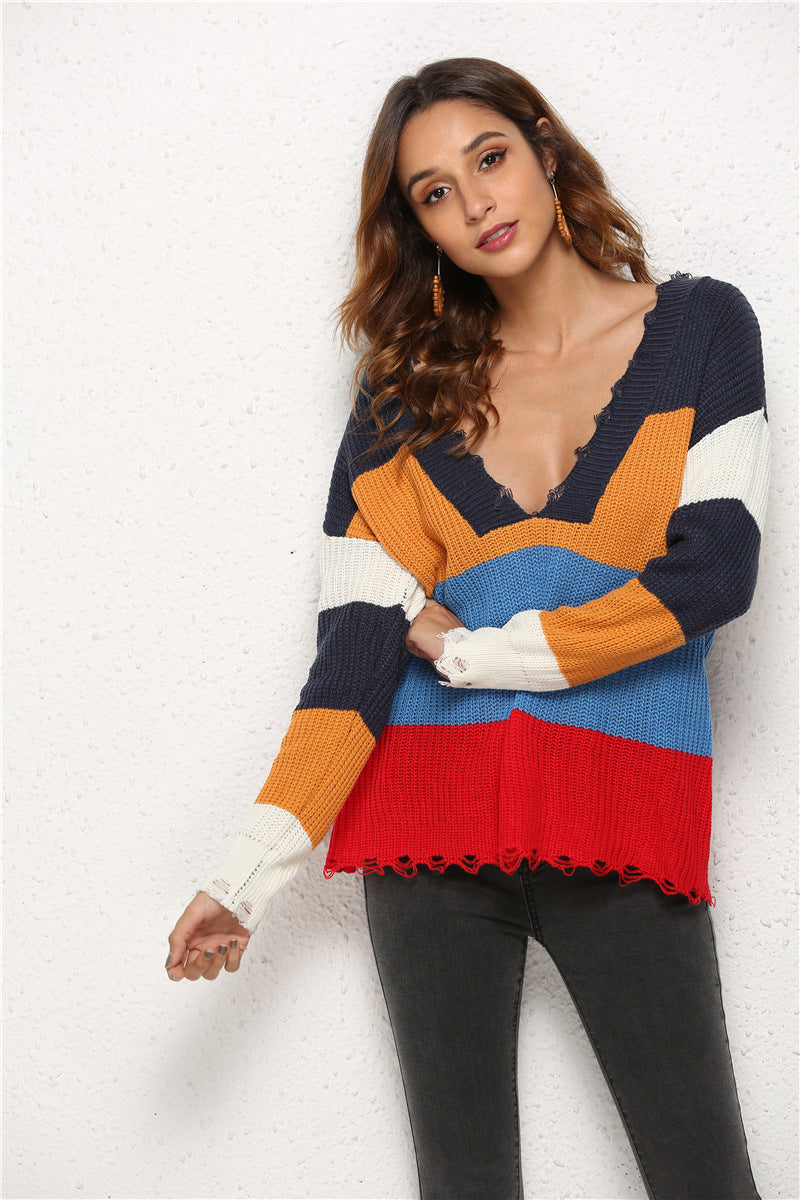 Damen Strickpullover V-Ausschnitt Streifenmuster Norvielle