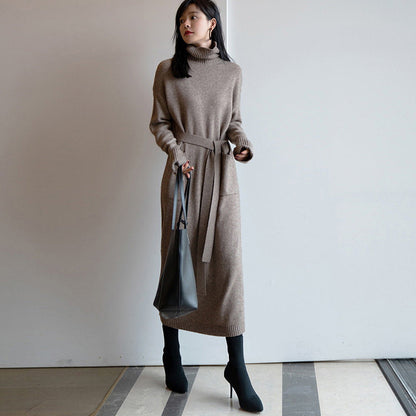 Damen Strickkleid Hohler Kragen Taillengürtel Norvielle