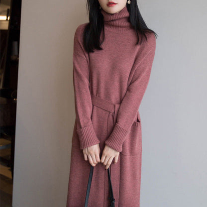 Damen Strickkleid Hohler Kragen Taillengürtel Norvielle