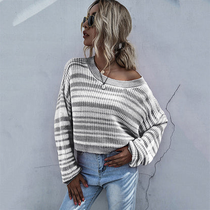 Damen Strickpullover Weit Modisches Streifenmuster Beige