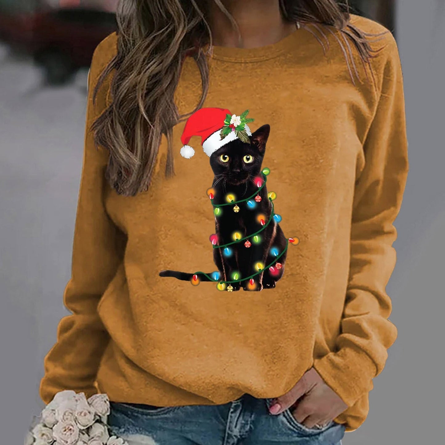 Damen Sweatshirt Baumwollmischung Lockerer Schnitt Rundhalsausschnitt