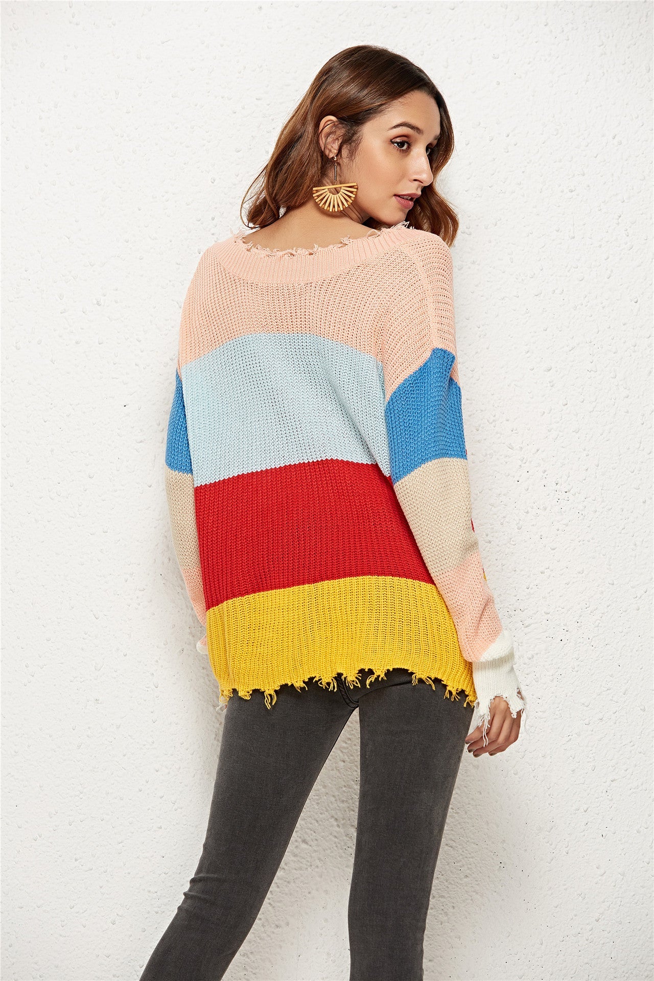 Damen Strickpullover V-Ausschnitt Streifenmuster Norvielle