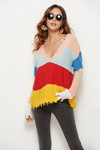 Damen Strickpullover V-Ausschnitt Streifenmuster Norvielle