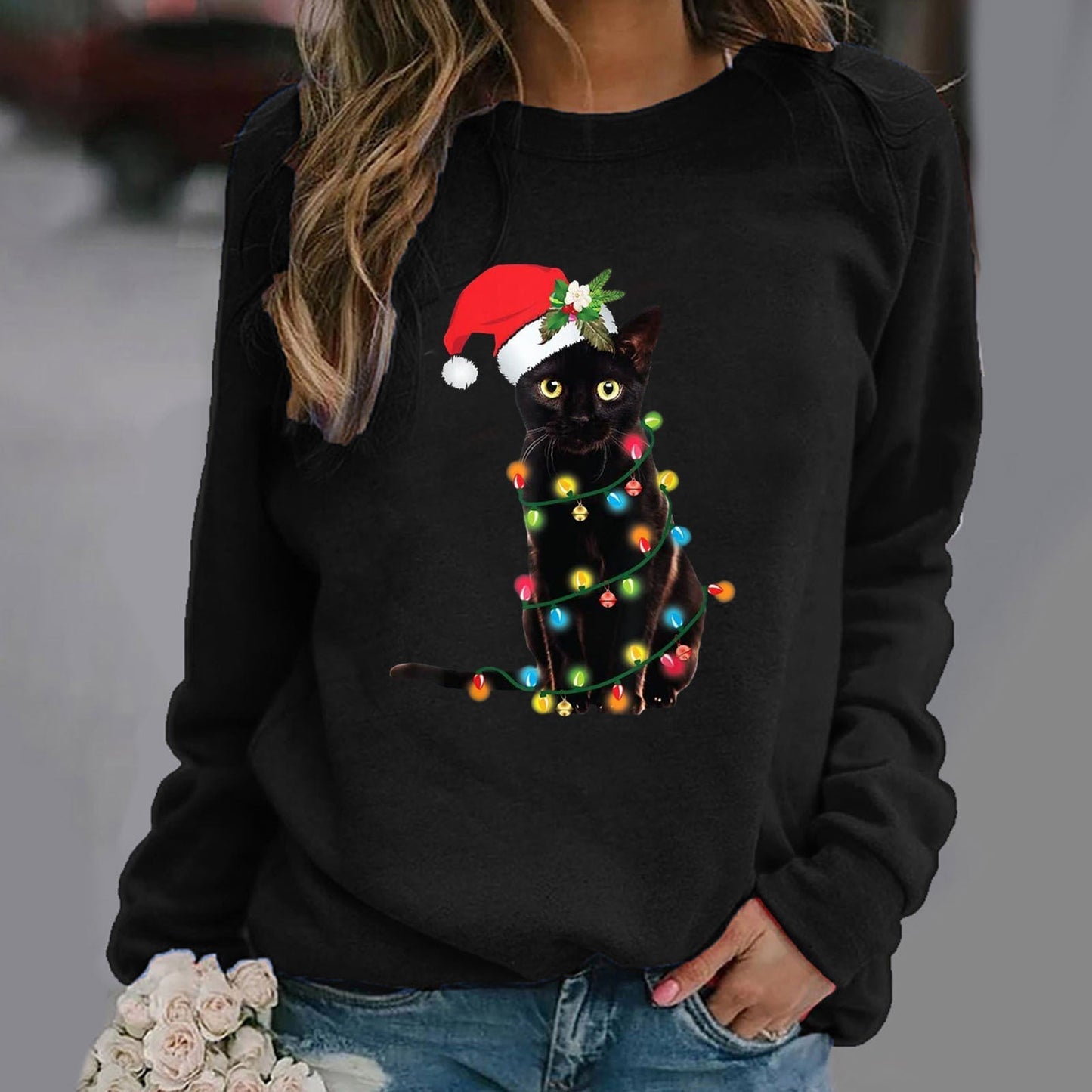Damen Sweatshirt Baumwollmischung Lockerer Schnitt Rundhalsausschnitt