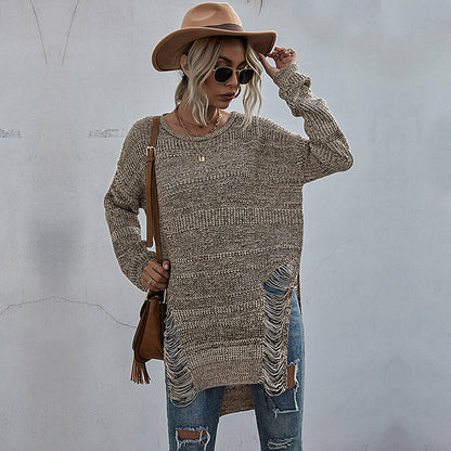 Damen Strickpullover Lässig Fransenoptik Asymmetrisch Norvielle