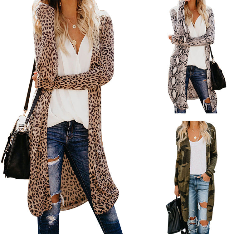 Damen Cardigan Leopardenmuster Offener Schnitt Lang - Norvielle