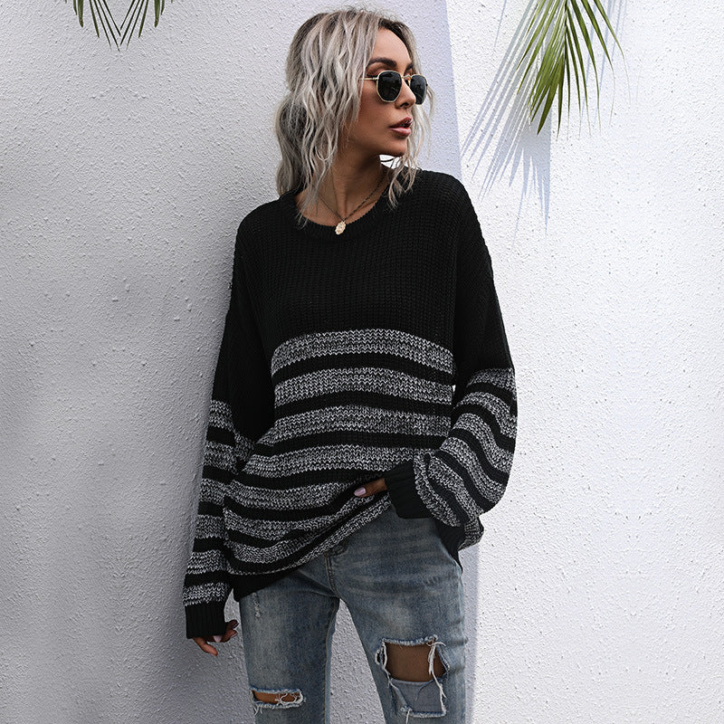 Damen Strickpullover Lässig Weit Modisches Streifenmuster Norvielle