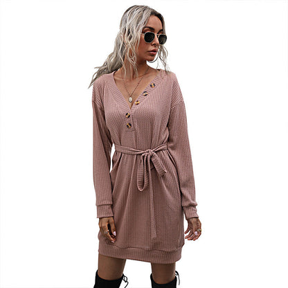 Damen Strickkleid Knöpfe Bindegürtel Norvielle