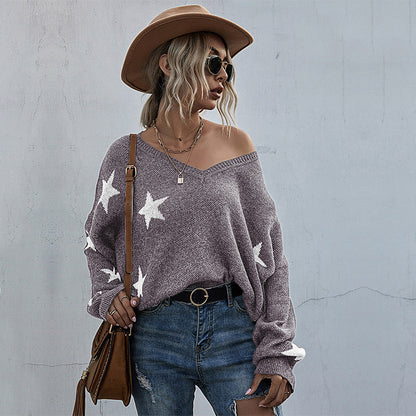 Damen Oversize Pullover Sternenmuster V-Ausschnitt Beige